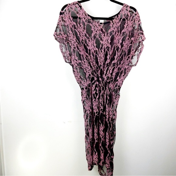 Bar III Pink & Black Summer Floral Lace Swimsuit Coverup Dress | Size L - Picture 2 of 6